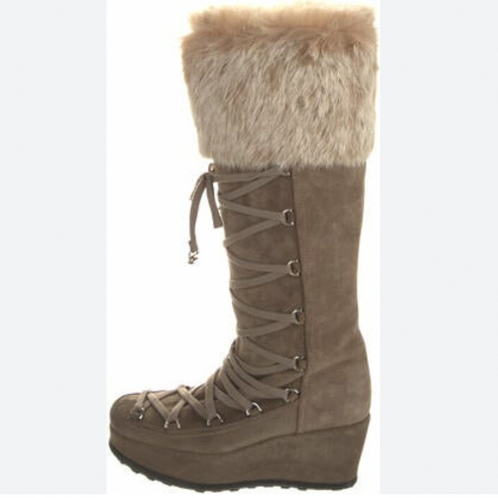 Stuart Weitzman Beige Y2K Suede Fur Trim Lace Up Troll Winter wedge Boots